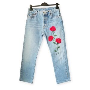 Vintage ABS Allen Schwartz Blue Jeans with Rose Embroidery rhinestones 8